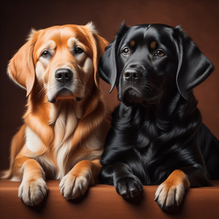 Portrait of two dogs, labrador retriever and Retrieverの素材