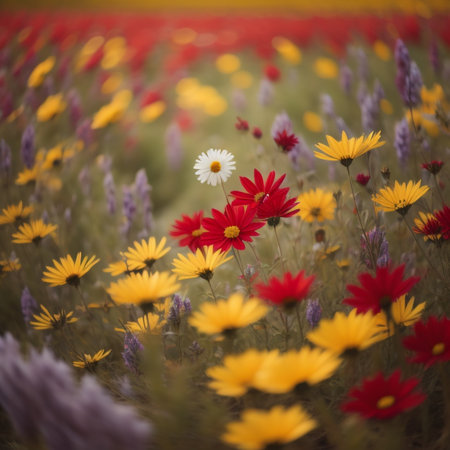 Colorful daisy flowers on the meadow in the sunset.の素材