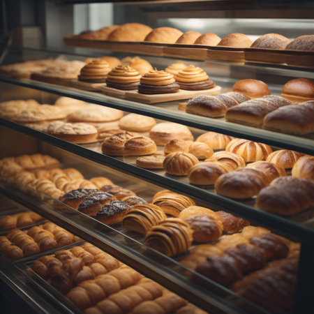 Variety of pastries and croissants in a bakery shopの素材