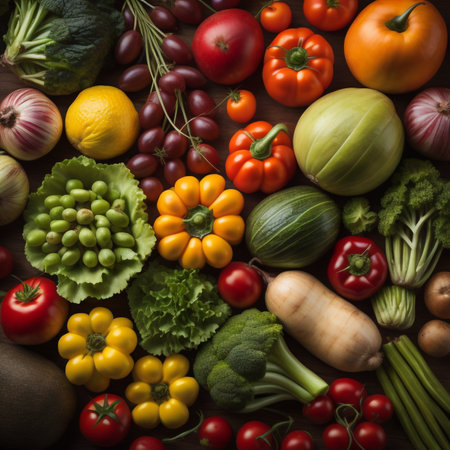 Composition with variety of fresh organic vegetables on wooden background, top viewの素材