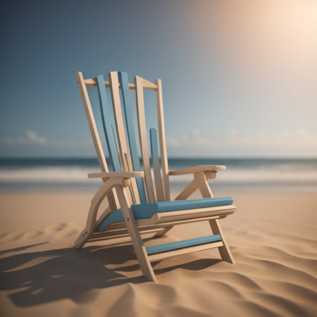Wooden deck chair in the sand on the beach with sea backgroundの素材
