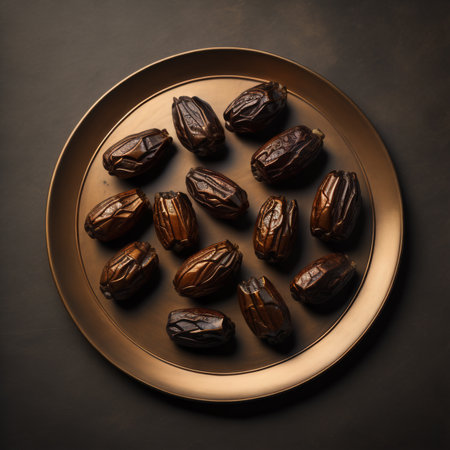 Dates on a brown plate on a dark background. Toned.の素材