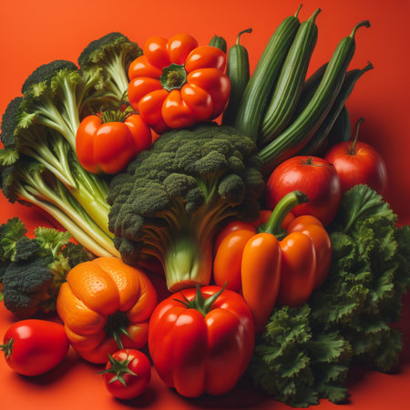 Fresh vegetables on a red background. Healthy food. Vegetarian.の素材