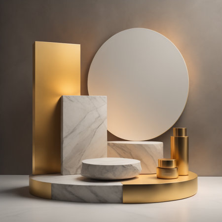 3d render, abstract minimal geometric forms. Glossy golden podiums for product presentation.の素材