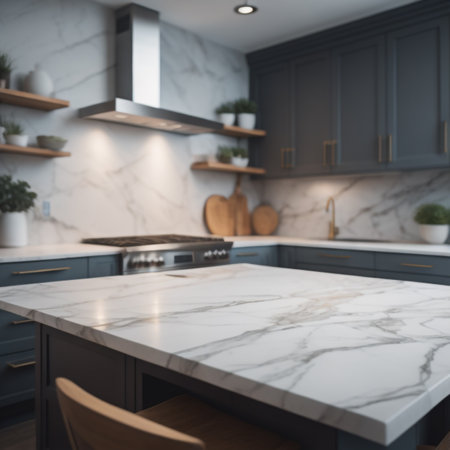 Close up of white marble countertop in modern kitchen interior. Mock upの素材