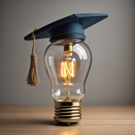Graduation cap and light bulb on wooden table. Education concept. 3D Renderingの素材
