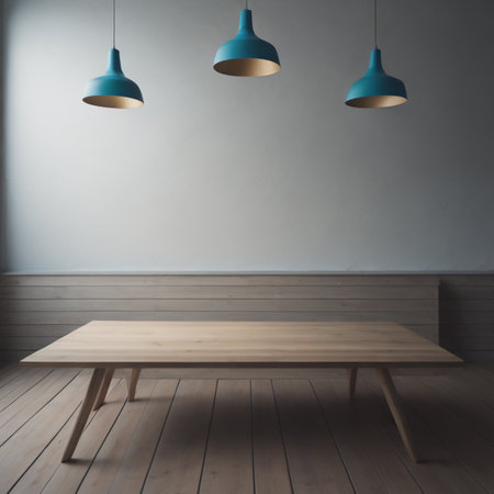 wooden table in modern room with blue ceiling lamp. 3d renderingの素材