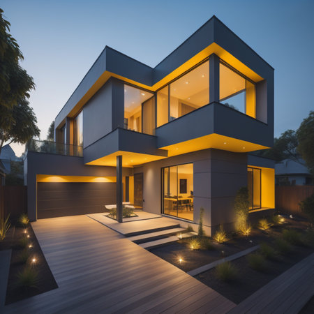 3d rendering of modern cozy house by the river with garage for sale or rent. Clear summer night with stars on the sky.の素材