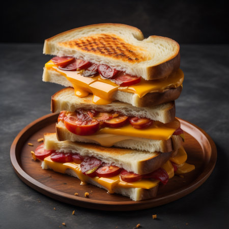 Sandwiches with ham, cheese and ketchup on a black backgroundの素材