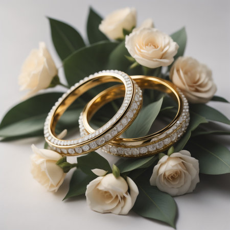 Wedding rings and white roses on white background, close upの素材