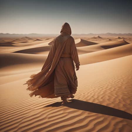 Hijab walking in the desert. Arabian woman in traditional clothesの素材