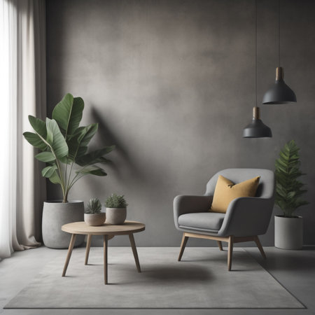 Interior of modern living room with gray walls, concrete floor, gray armchair and round coffee table. 3d renderingの素材