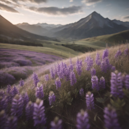 Beautiful alpine landscape with purple lupine flowers and mountains at sunsetの素材