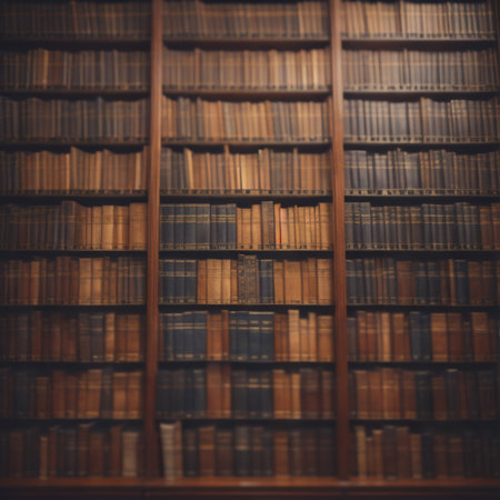 Old bookshelf in the library. Selective focus. Toned.の素材