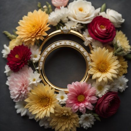 Wedding rings and flowers on a dark background, top viewの素材