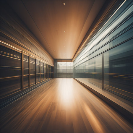 abstract scene of modern office building with wooden floor and glass wallの素材