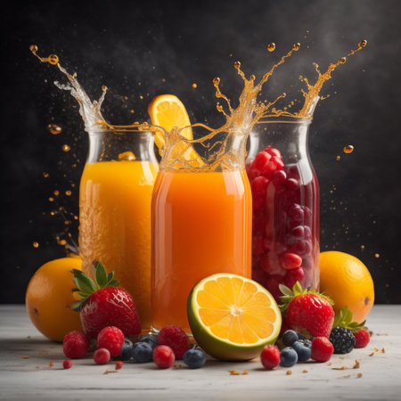 Fruit and vegetable juices in bottles with splashes on a black backgroundの素材