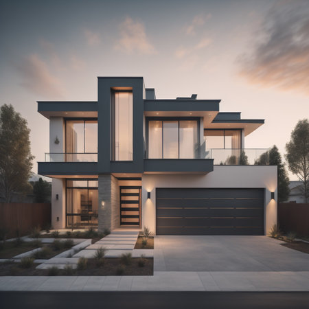 3d rendering of modern cozy house with garage for sale or rent in luxurious style and beautiful landscaping on background. Clear sunny summer evening with blue sky.の素材