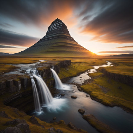 Mountain Kirkjufellsfoss in Iceland at sunrise.の素材