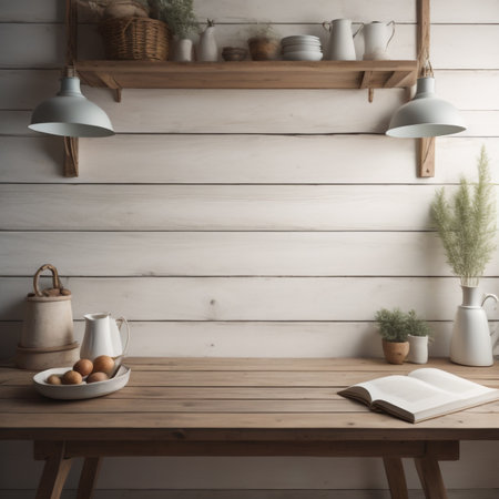 Wooden kitchen interior with utensils. Mock up, 3D Renderingの素材