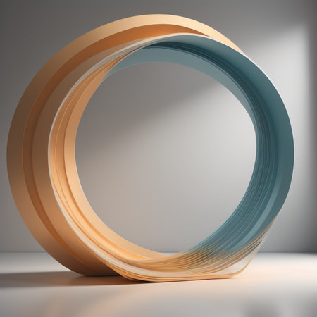 Abstract 3d render of blue and orange wavy ring on grey backgroundの素材