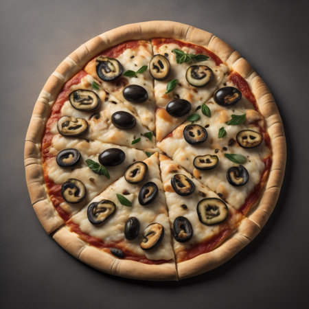 Pizza with olives and mozzarella on a dark backgroundの素材