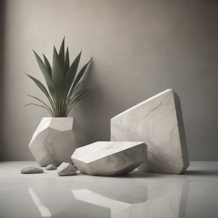 3d render of white marble with plant in pot on concrete backgroundの素材