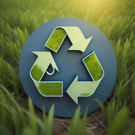 Recycling symbol on green field background. 3d illustration.の素材