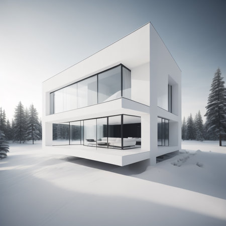3d render of modern house in winter with snow and blue skyの素材