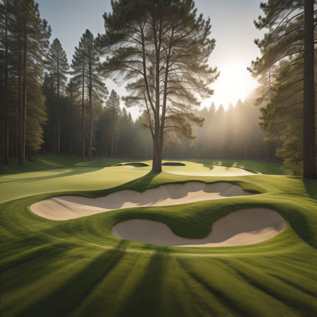 Golf course in the rays of the rising sun. 3d renderingの素材