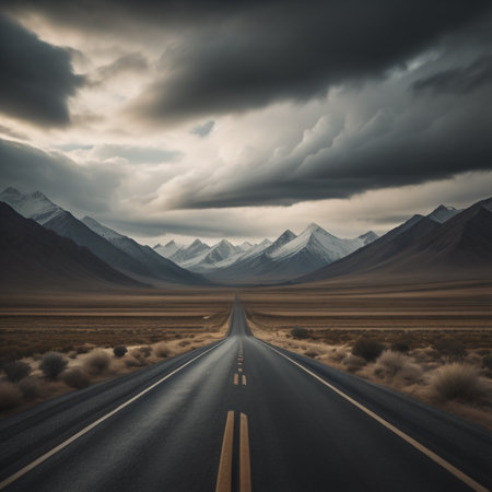 Highway in the desert with mountains in the background and dramatic skyの素材