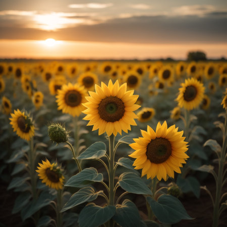 Sunflower field at sunset. Beautiful landscape with sunflowers.の素材
