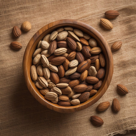 Almond nuts in wooden bowl on sackcloth background. Top view.の素材