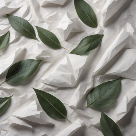 White crumpled paper with green leaves. Flat lay, top viewの素材