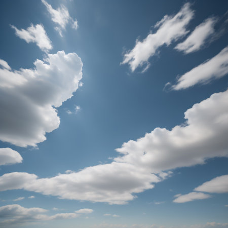 Blue sky background with tiny clouds. Nature composition with copy space.の素材