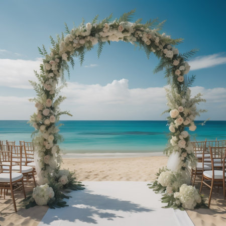 Wedding ceremony on the beach. Wedding arch decorated with white flowers and green leavesの素材