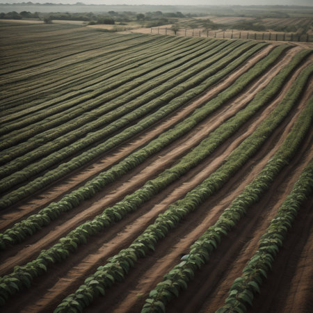 Aerial view of rows of potato plants growing in a field.の素材