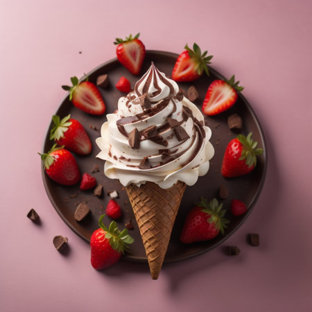 Ice cream with chocolate and strawberries on a pink background, top viewの素材