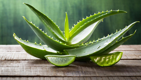 Aloe vera plant with leaves on wooden table, closeupの素材