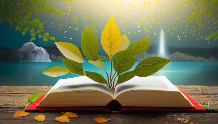 Open book with green sprout growing out of it, conceptual imageの素材