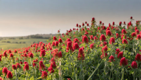 Red clover flowers in a field in sunlight in summer, UKの素材