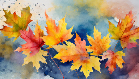 Autumn watercolor background with colorful leaves. Watercolor illustration.の素材