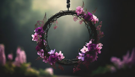Beautiful floral wreath on dark background. 3d rendering.の素材
