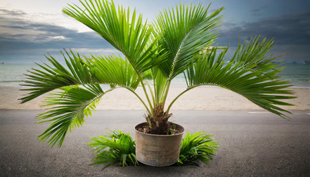 Palm tree in the pot on the beach with sea and sky backgroundの素材