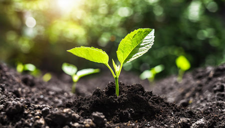 Green seedling growing in soil on blurred nature background, Ecology conceptの素材