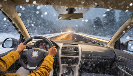 man driving a car on a snowy winter road with snow in the backgroundの素材