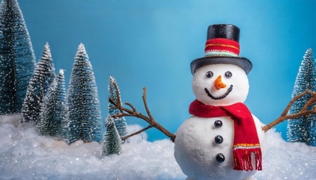 Snowman with a red scarf and hat on a blue background.の素材