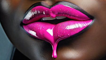 Close up of female lips with bright pink glossy makeup and dripping nail polishの素材