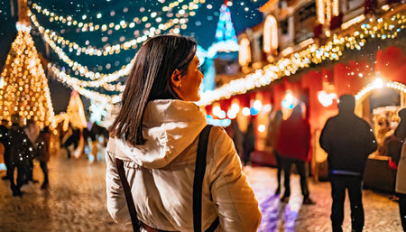 Young woman on the background of a Christmas market in the city.の素材