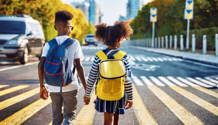 Back view of african american boy and girl with backpacks crossing the streetの素材